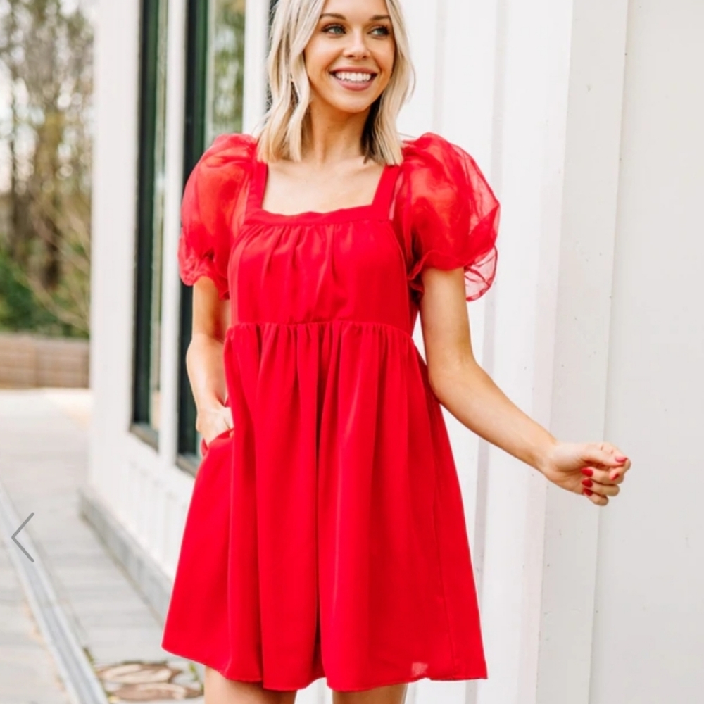 Entro Party Dress Holiday Red Puff Sleeve Babydoll Dress